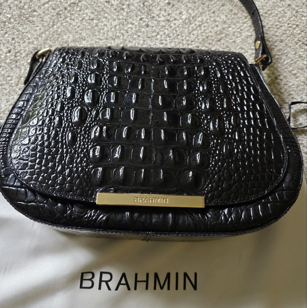 Brahmin Black Crossbody Bag with Crocodile Embossed Leather